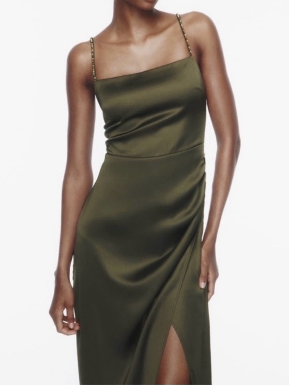 Zara NWT Olive Green Satin Midi Dress Beaded Straps Side Slit XS